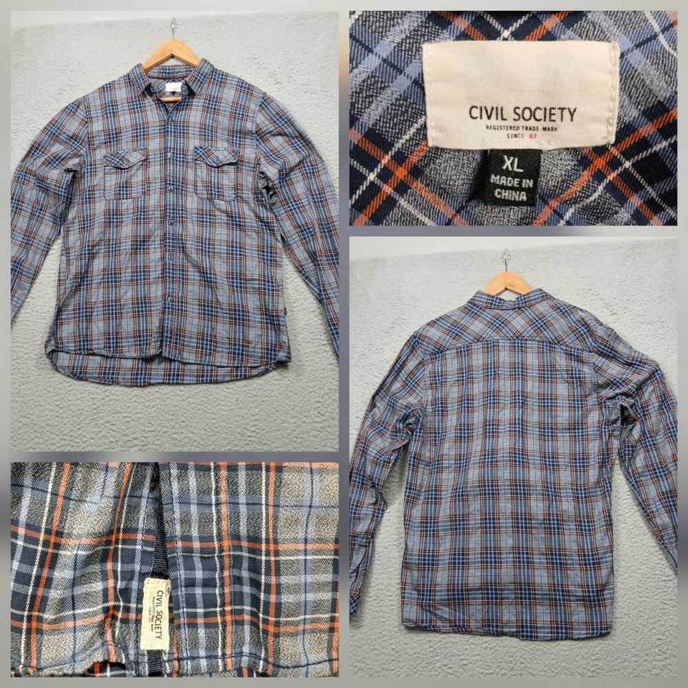 Civil Society Men's‎ Plaid Button-Up Shirt XL Blue Orange Long Sleeve Casual